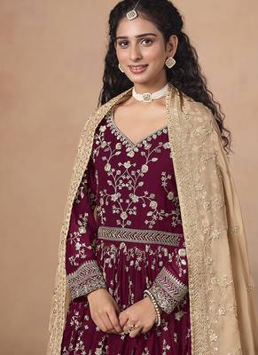 Maroon faux georgette embroidered anarkali style gown 3