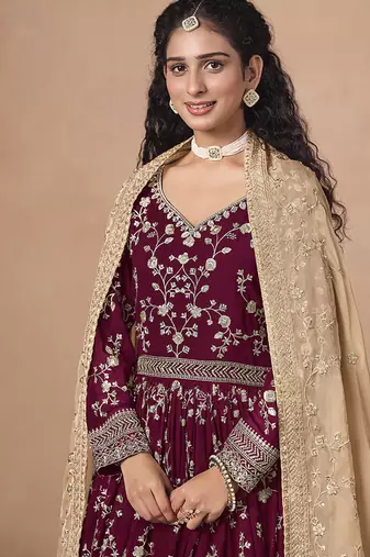 Maroon faux georgette embroidered anarkali style gown