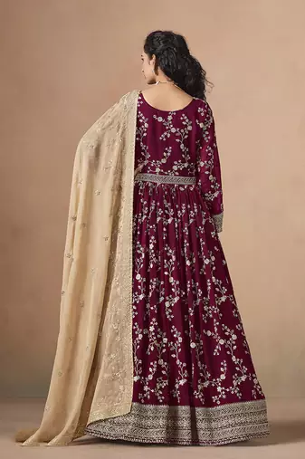 Maroon faux georgette embroidered anarkali style gown