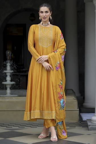 Mustard color vichitra silk heavy graceful stitched salwar kameez