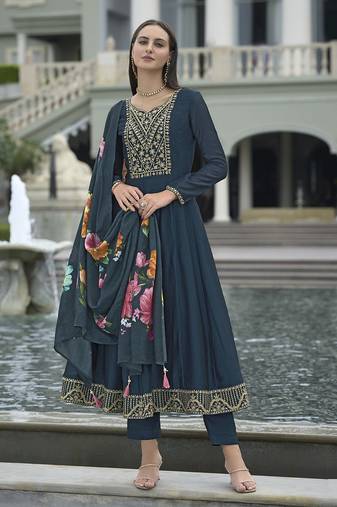 Teal blue color vichitra silk heavy graceful stitched salwar kameez