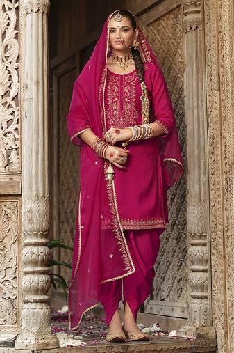 Pink color ceremonial wear beautiful designer viscose silk dhoti style suit