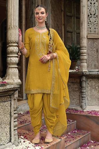 Mustard color ceremonial wear beautiful designer viscose silk dhoti style suit