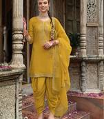 Mustard color ceremonial wear beautiful designer viscose silk dhoti style suit
