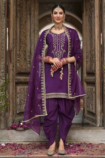 Purple color ceremonial wear beautiful designer viscose silk dhoti style suit