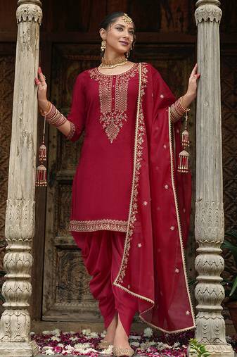 Maroon color ceremonial wear beautiful designer viscose silk dhoti style suit