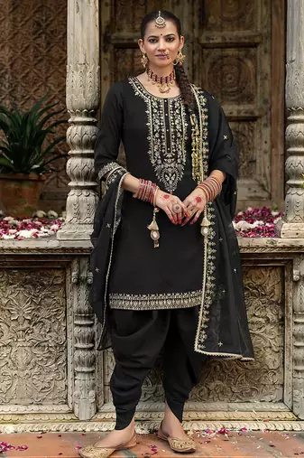 Black color ceremonial wear beautiful designer viscose silk dhoti style suit
