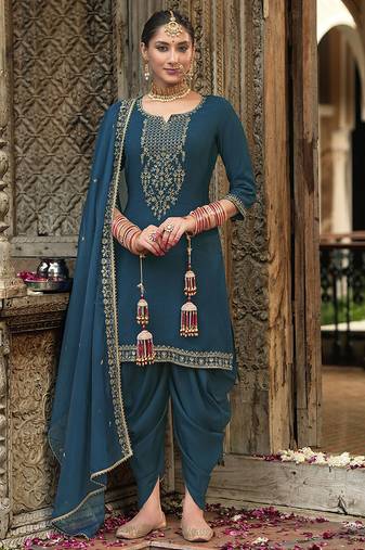Teal blue color ceremonial wear beautiful designer viscose silk dhoti style suit