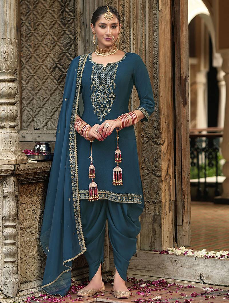 Teal blue color ceremonial wear beautiful designer viscose silk dhoti style suit