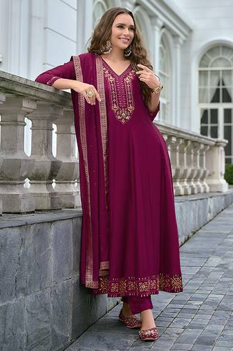 Magenta color vichitra silk fabric stitched salwar kameez for ceremonial looks