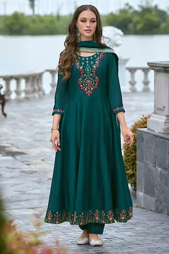 Rama color vichitra silk fabric stitched salwar kameez for ceremonial looks