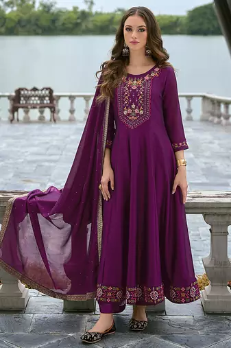 Purple color vichitra silk fabric stitched salwar kameez for ceremonial looks
