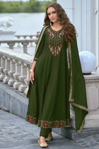Green color vichitra silk fabric stitched salwar kameez for ceremonial looks