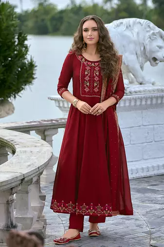 Maroon color vichitra silk fabric stitched salwar kameez for ceremonial looks