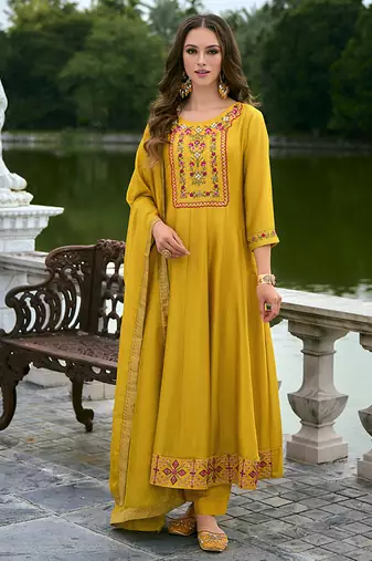 Yellow color vichitra silk fabric stitched salwar kameez for ceremonial looks