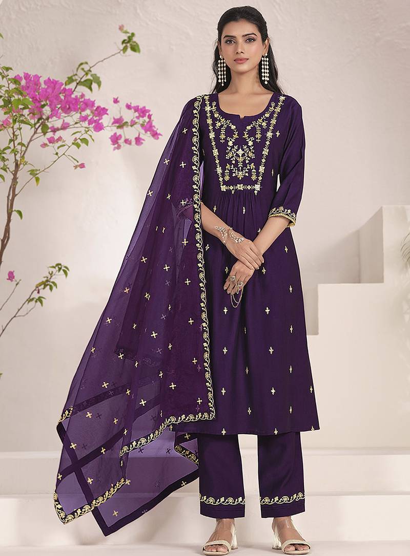 Purple color viscose fabric resham embroidered readymade salwar suit