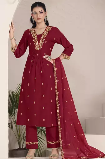 Maroon color viscose fabric resham embroidered readymade salwar suit