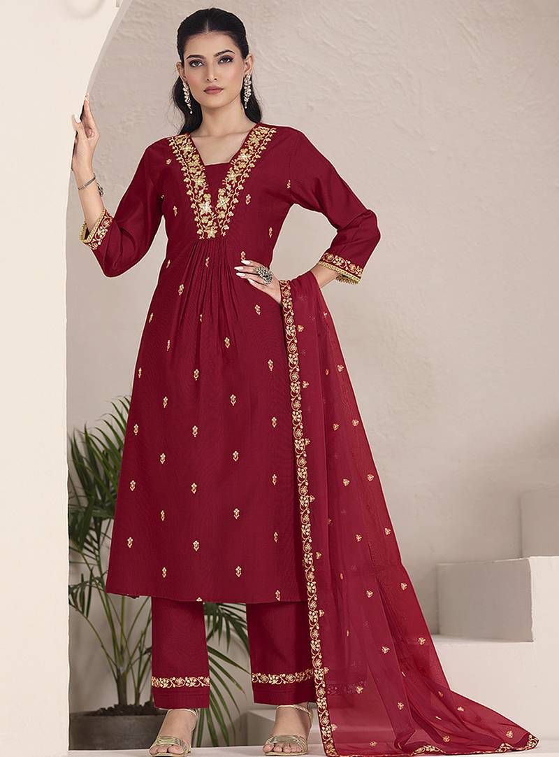 Maroon color viscose fabric resham embroidered readymade salwar suit