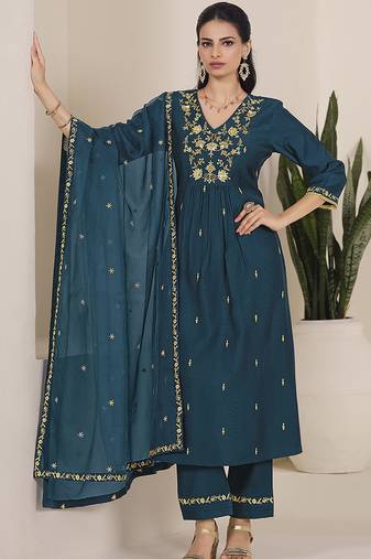 Teal color viscose fabric resham embroidered readymade salwar suit