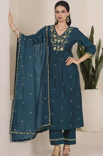 Teal color viscose fabric resham embroidered readymade salwar suit