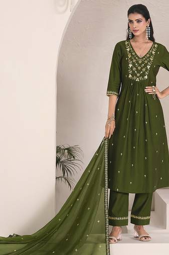Green color viscose fabric resham embroidered readymade salwar suit