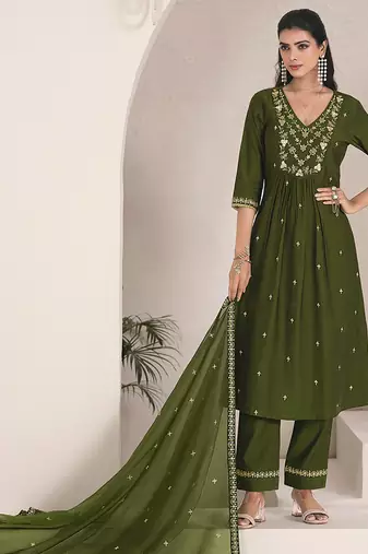 Green color viscose fabric resham embroidered readymade salwar suit