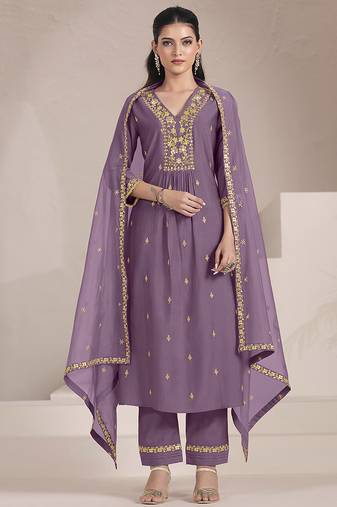 Lavender color viscose fabric resham embroidered readymade salwar suit