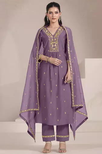 Lavender color viscose fabric resham embroidered readymade salwar suit