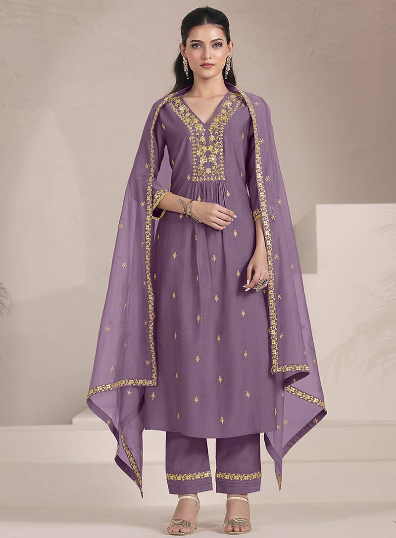 Lavender color viscose fabric resham embroidered readymade salwar suit
