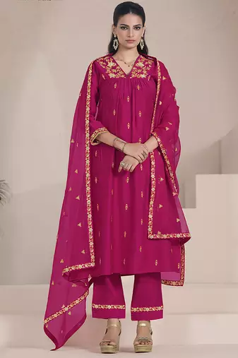 Pink color viscose fabric resham embroidered readymade salwar suit