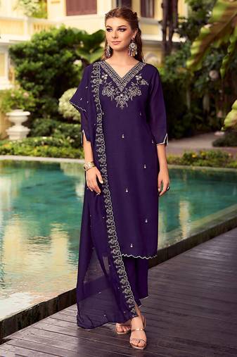 Purple color beautiful ceremonial shimmer silk fabric embroidered girls suit