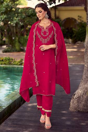 Pink color beautiful ceremonial shimmer silk fabric embroidered girls suit