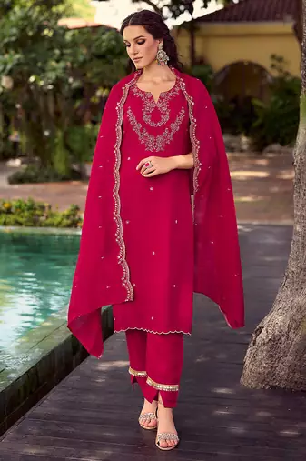Pink color beautiful ceremonial shimmer silk fabric embroidered girls suit
