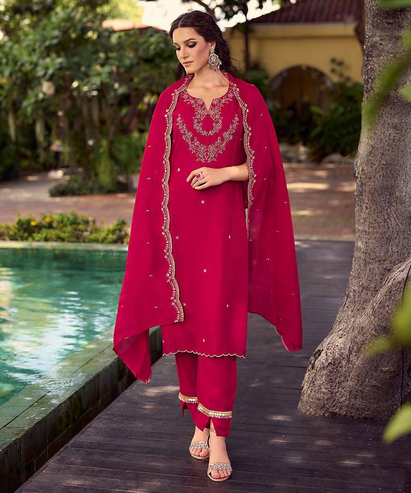 Pink color beautiful ceremonial shimmer silk fabric embroidered girls suit