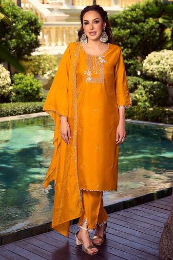 Yellow color beautiful ceremonial shimmer silk fabric embroidered girls suit