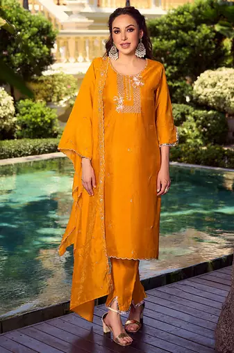 Yellow color beautiful ceremonial shimmer silk fabric embroidered girls suit