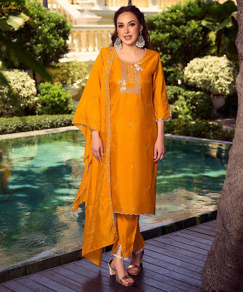 Yellow color beautiful ceremonial shimmer silk fabric embroidered girls suit