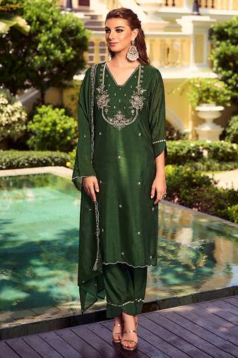 Mahendi color beautiful ceremonial shimmer silk fabric embroidered girls suit