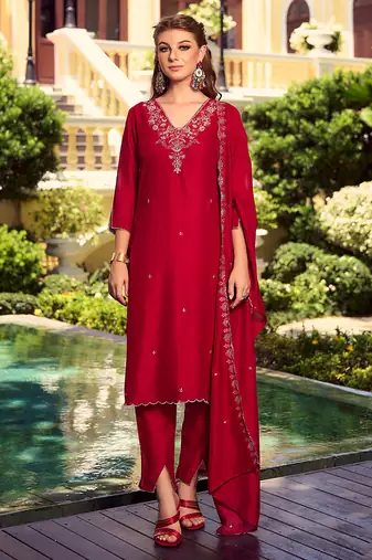 Red color beautiful ceremonial shimmer silk fabric embroidered girls suit