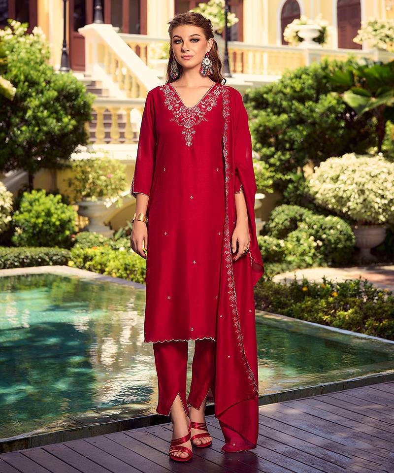 Red color beautiful ceremonial shimmer silk fabric embroidered girls suit
