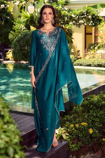Teal color beautiful ceremonial shimmer silk fabric embroidered girls suit