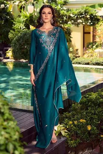 Teal color beautiful ceremonial shimmer silk fabric embroidered girls suit