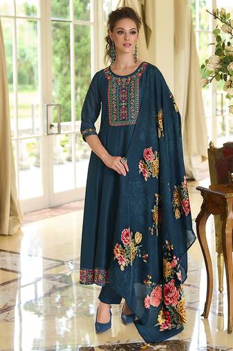 Blue color beautiful embroidered vichitra silk fabric ceremonial suit