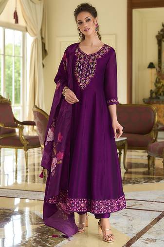 Magenta color beautiful embroidered vichitra silk fabric ceremonial suit