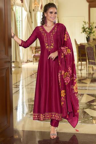 Maroon color beautiful embroidered vichitra silk fabric ceremonial suit