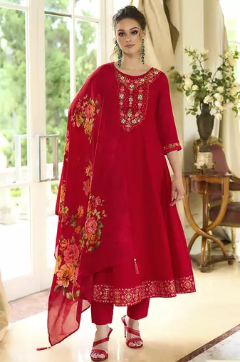 Red color beautiful embroidered vichitra silk fabric ceremonial suit