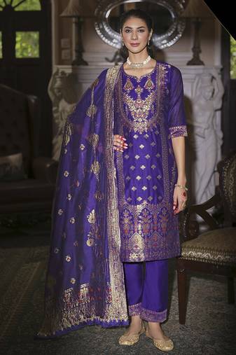 Blue color ethnic woven designer banarasi silk beautiful readymade suit