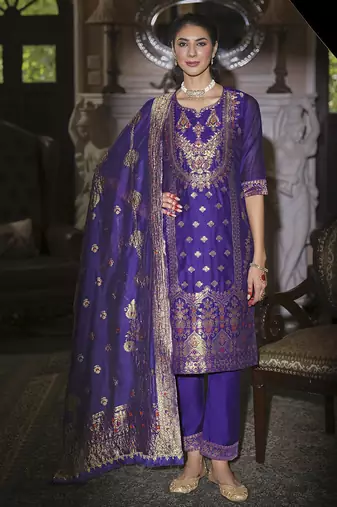 Blue color ethnic woven designer banarasi silk beautiful readymade suit