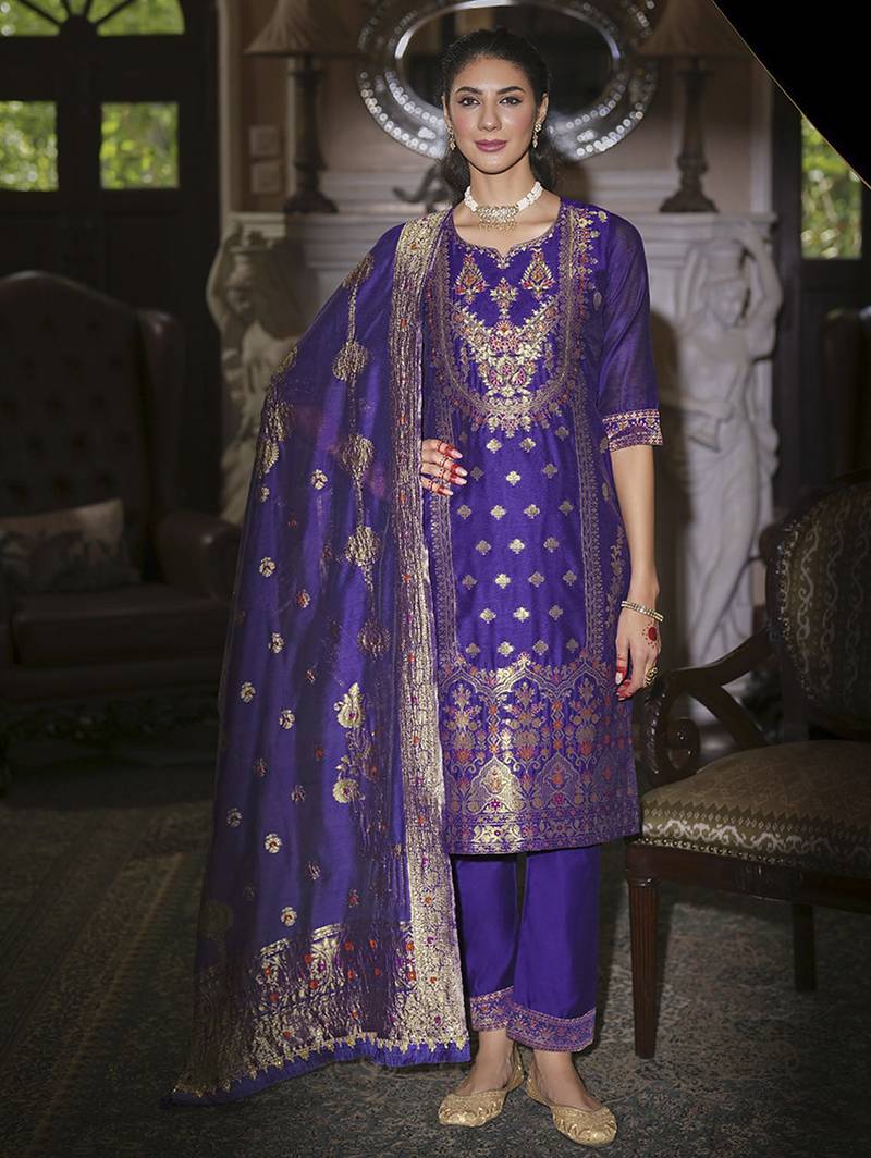Blue color ethnic woven designer banarasi silk beautiful readymade suit