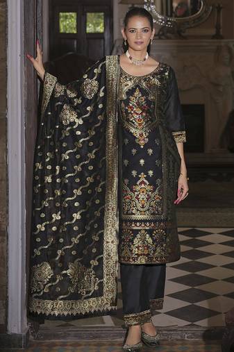 Black color ethnic woven designer banarasi silk beautiful readymade suit